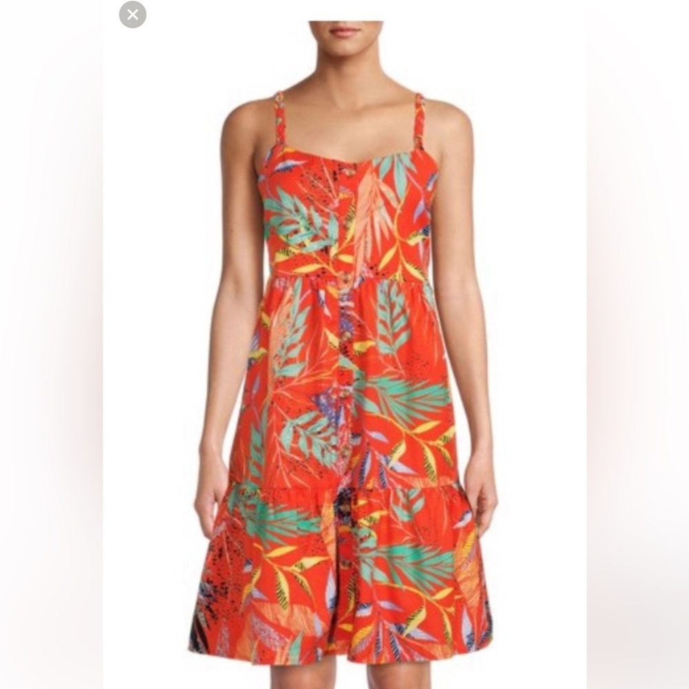 beachlunchlounge Vibrant Orange Dress with Blue and Green Leaves